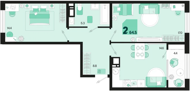 Планировка 2-комн. квартира, 64.5 м² ЖК «Первое место» Планировка 2-комн. квартира, 64.5 м² ЖК «Первое место»