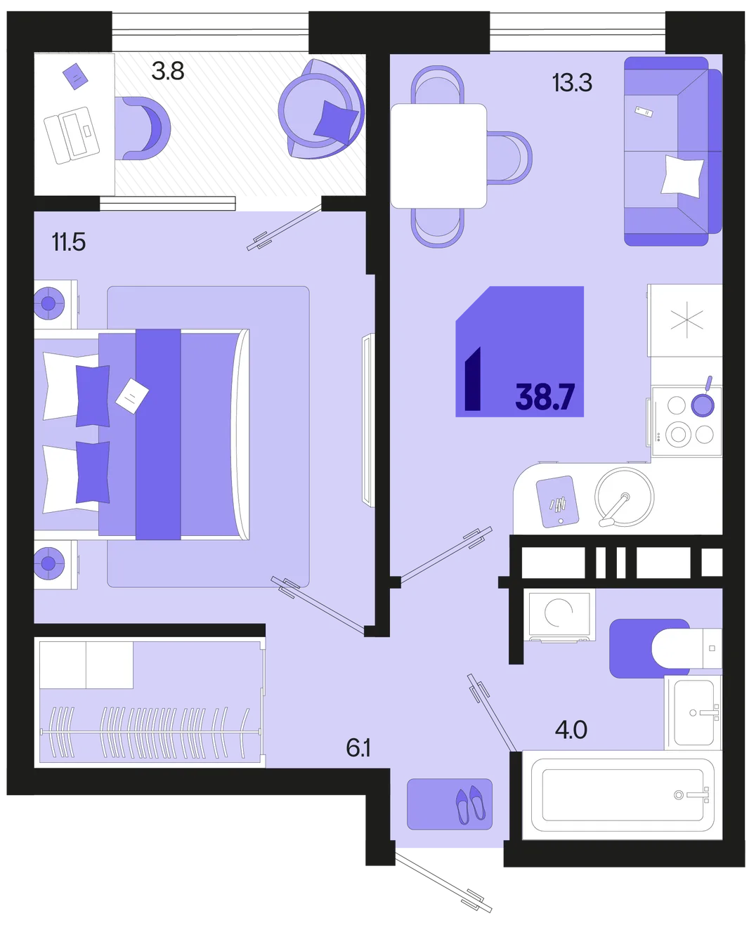 Планировка 1-комн. квартира, 38.7 м² ЖК «Первое место»