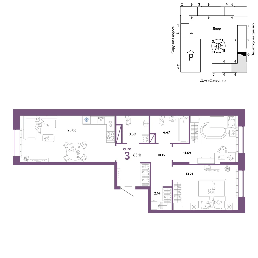 Планировка 3-комн. квартира, 65.11 м² ЖК «Юнион»