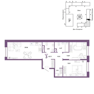 Планировка 3-комн. квартира, 65.11 м² ЖК «Юнион»