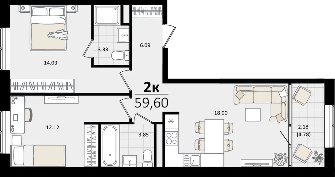 Планировка 2-комн. квартира, 59.81 м² ЖК «Патрики»