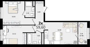 Планировка 2-комн. квартира, 59.81 м² ЖК «Патрики»