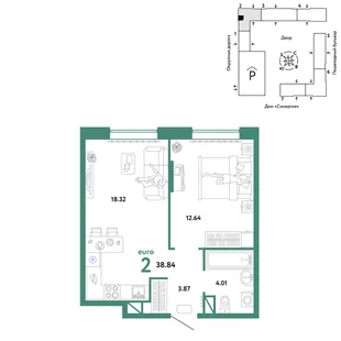 Планировка 2-комн. квартира, 38.84 м² ЖК «Юнион»