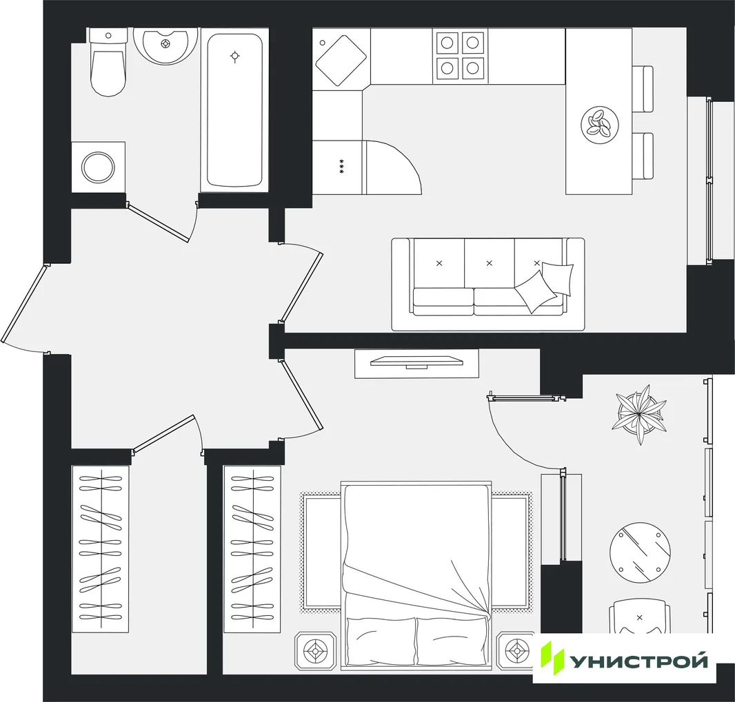 Планировка 1-комн. квартира, 41.8 м² ЖК «Уникум на Ленинском»