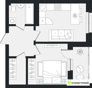 Планировка 1-комн. квартира, 41.8 м² ЖК «Уникум на Ленинском»