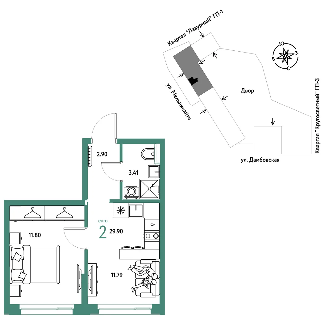 Планировка 2-комн. квартира, 29.9 м² ЖК «Страна Прибрежная»