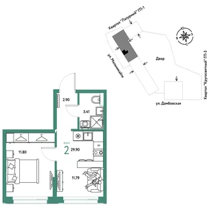 Планировка 2-комн. квартира, 29.9 м² ЖК «Страна Прибрежная»