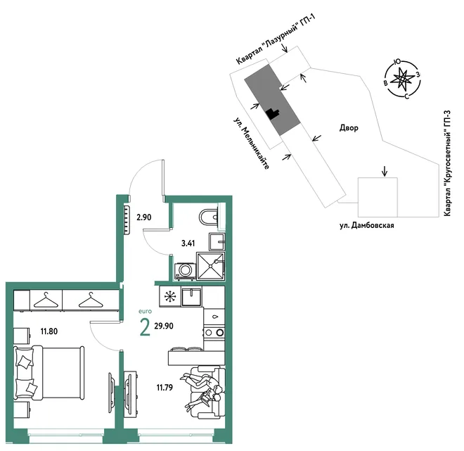 Планировка 2-комн. квартира, 29.9 м² ЖК «Страна Прибрежная» Планировка 2-комн. квартира, 29.9 м² ЖК «Страна Прибрежная»
