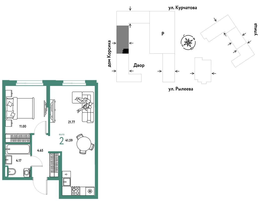 Планировка 2-комн. квартира, 41.59 м² ЖК «Остров-сад»