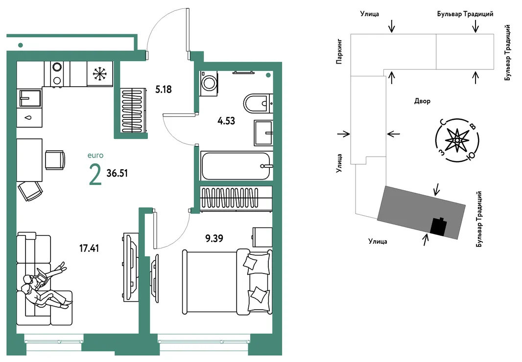 Планировка 2-комн. квартира, 36.51 м² ЖК «Микрорайон Домашний»