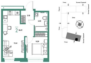 Планировка 2-комн. квартира, 36.51 м² ЖК «Микрорайон Домашний»