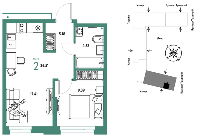 Планировка 2-комн. квартира, 36.51 м² ЖК «Микрорайон Домашний» Планировка 2-комн. квартира, 36.51 м² ЖК «Микрорайон Домашний»