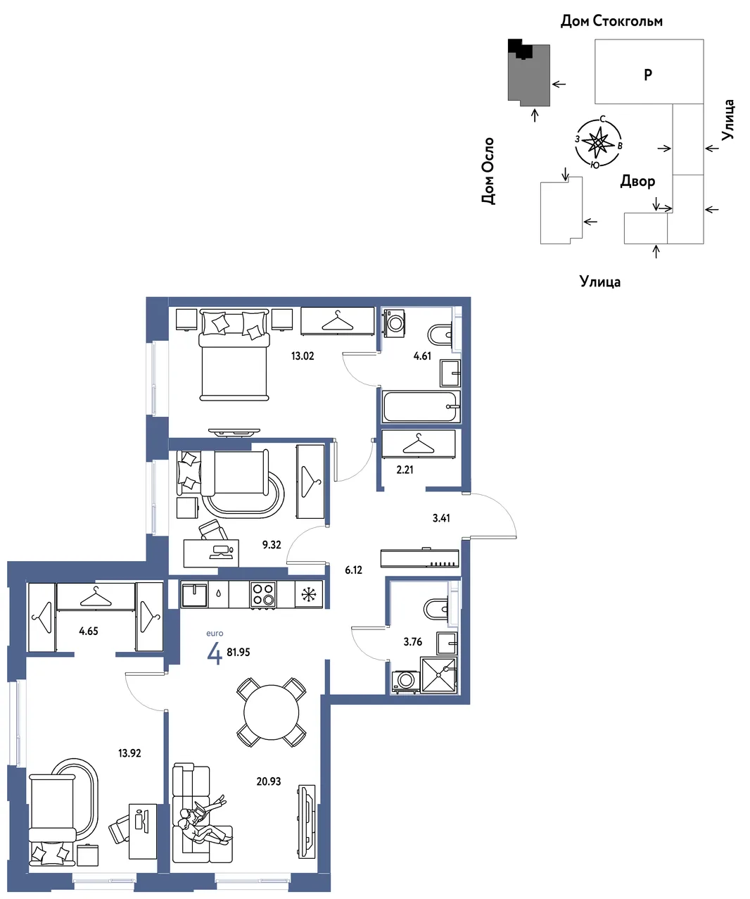 Планировка 4-комн. квартира, 81.95 м² ЖК «Европейский берег 2.0»