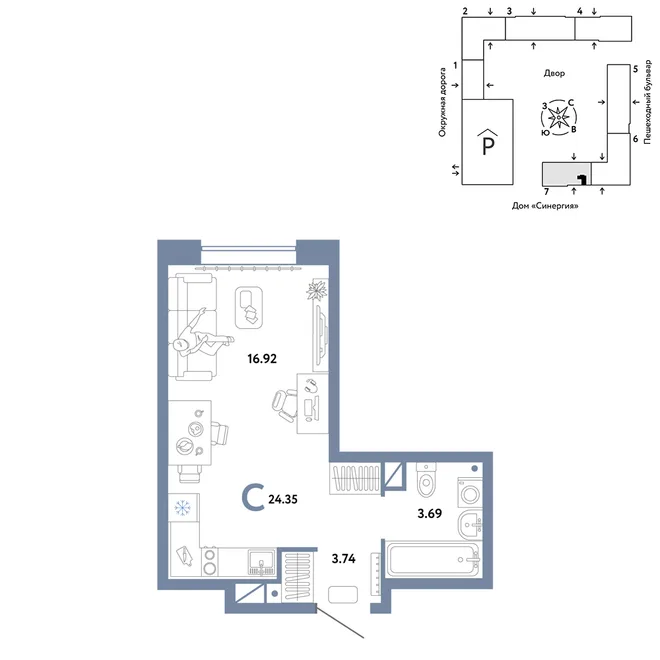 Планировка Студия, 24.35 м² ЖК «Юнион»