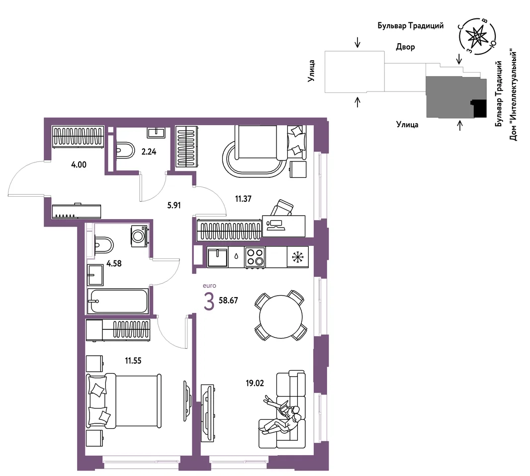 Планировка 3-комн. квартира, 58.67 м² ЖК «Микрорайон Домашний»