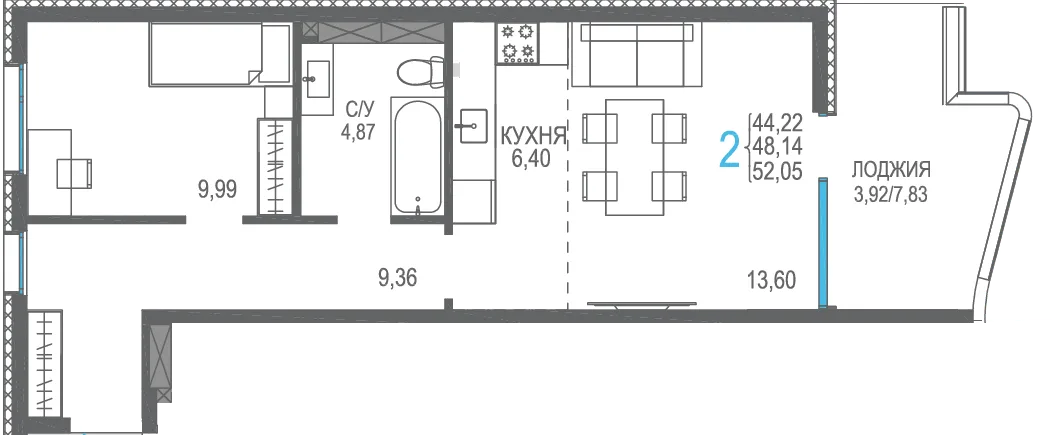 Планировка 2-комн. квартира, 52.05 м² ЖК «Розовое озеро»