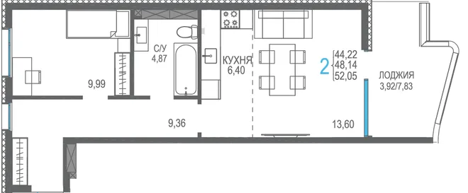 Планировка 2-комн. квартира, 52.05 м² ЖК «Розовое озеро»
