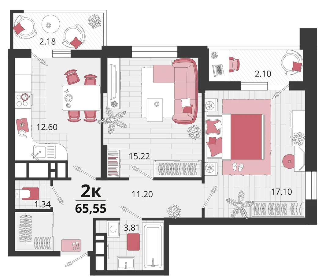 Планировка 2-комн. квартира, 65.25 м² ЖК «Родные просторы»