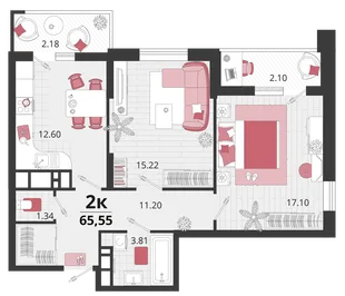 Планировка 2-комн. квартира, 65.25 м² ЖК «Родные просторы»