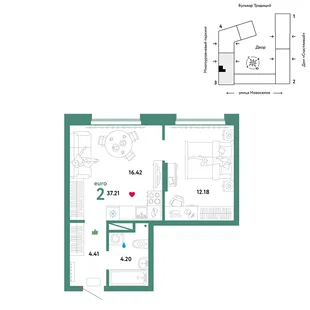 Планировка 2-комн. квартира, 37.21 м² ЖК «Микрорайон Домашний»