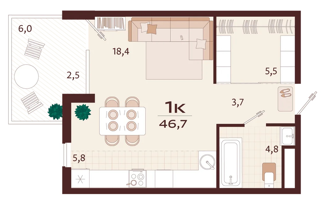 Планировка 1-комн. квартира, 46.7 м² ЖК «Роялта»