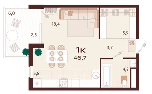 Планировка 1-комн. квартира, 46.7 м² ЖК «Роялта»