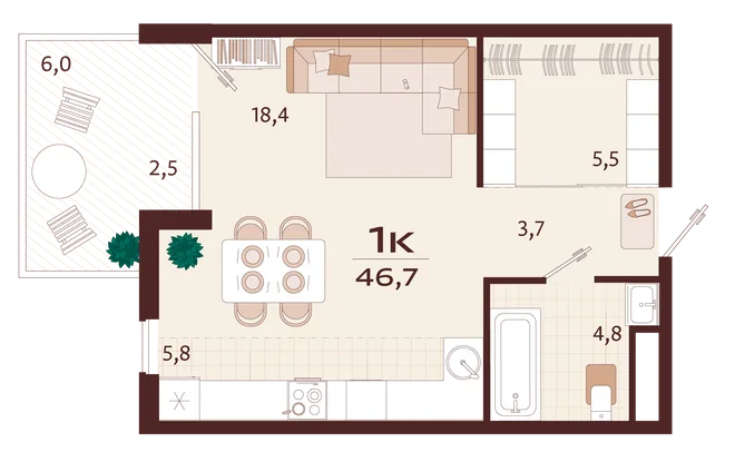 Планировка 1-комн. квартира, 46.7 м² ЖК «Роялта» Планировка 1-комн. квартира, 46.7 м² ЖК «Роялта»