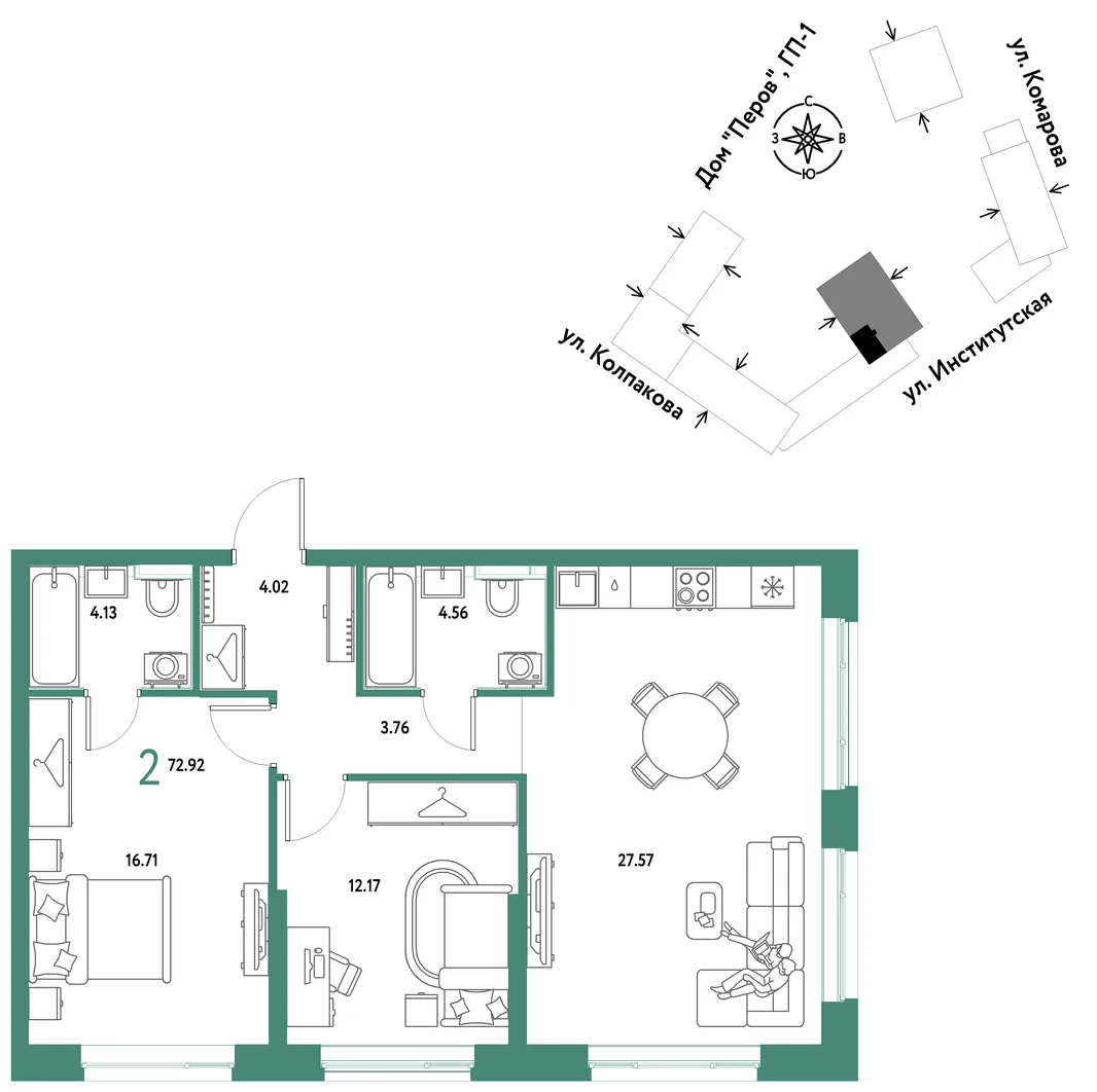 Планировка 2-комн. квартира, 72.92 м² ЖК «Страна.Парковая»