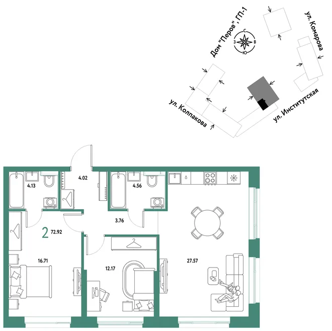 Планировка 2-комн. квартира, 72.92 м² ЖК «Страна.Парковая» Планировка 2-комн. квартира, 72.92 м² ЖК «Страна.Парковая»