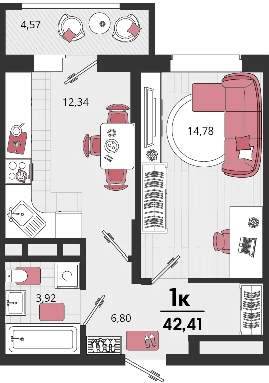 Планировка 1-комн. квартира, 42.41 м² ЖК «Родные просторы»