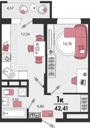 Планировка 1-комн. квартира, 42.41 м² ЖК «Родные просторы»