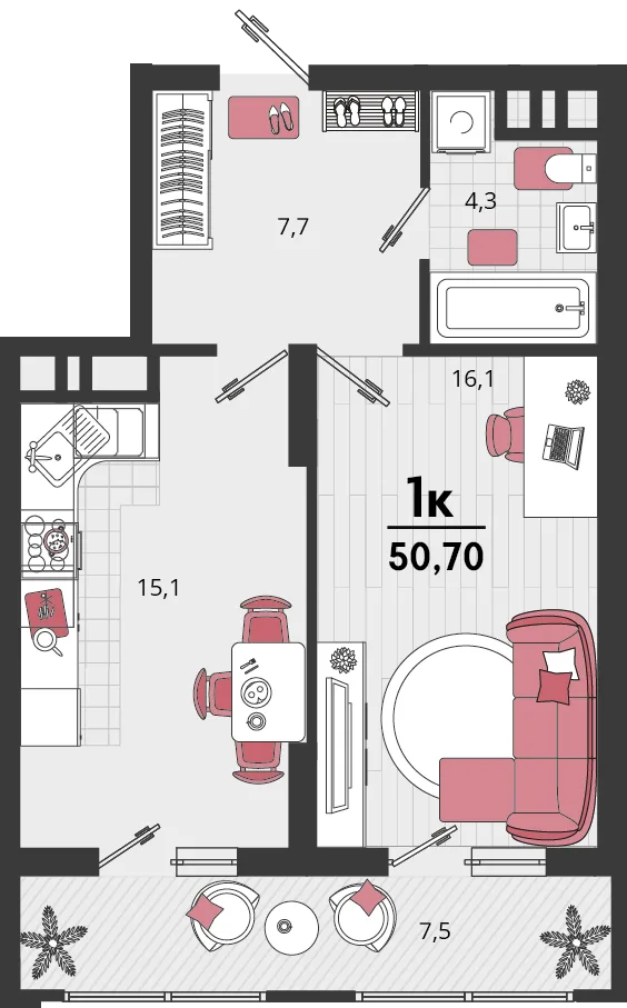 Планировка 1-комн. квартира, 50.7 м² ЖК «Родные просторы»