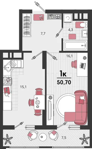 Планировка 1-комн. квартира, 50.7 м² ЖК «Родные просторы»