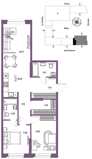 Планировка 3-комн. квартира, 82.33 м² ЖК «Остров-сад»