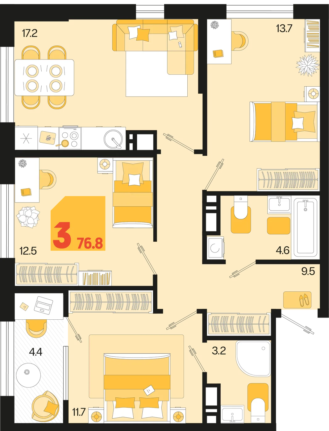 Планировка 3-комн. квартира, 76.8 м² ЖК «Первое место»