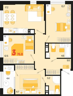 Планировка 3-комн. квартира, 76.8 м² ЖК «Первое место»