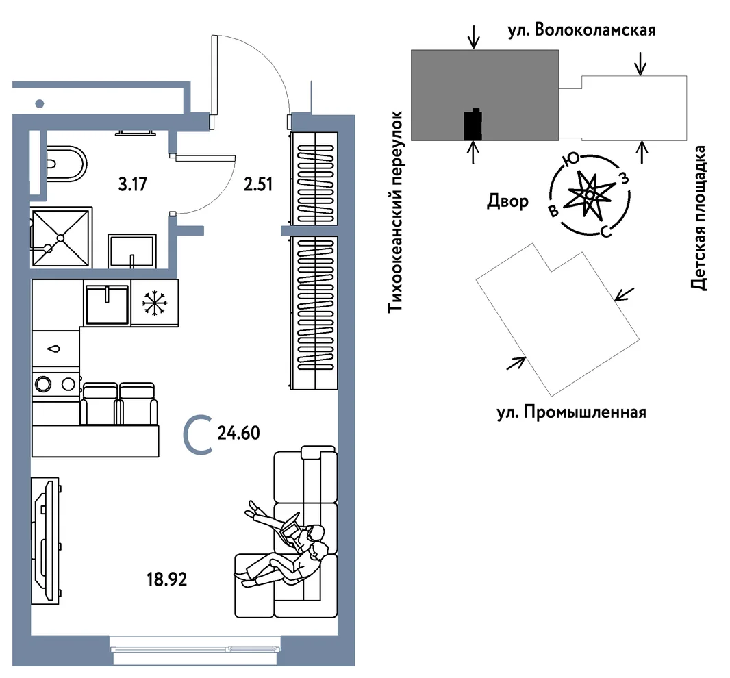Планировка Студия, 24.6 м² ЖК «Страна Прибрежная»