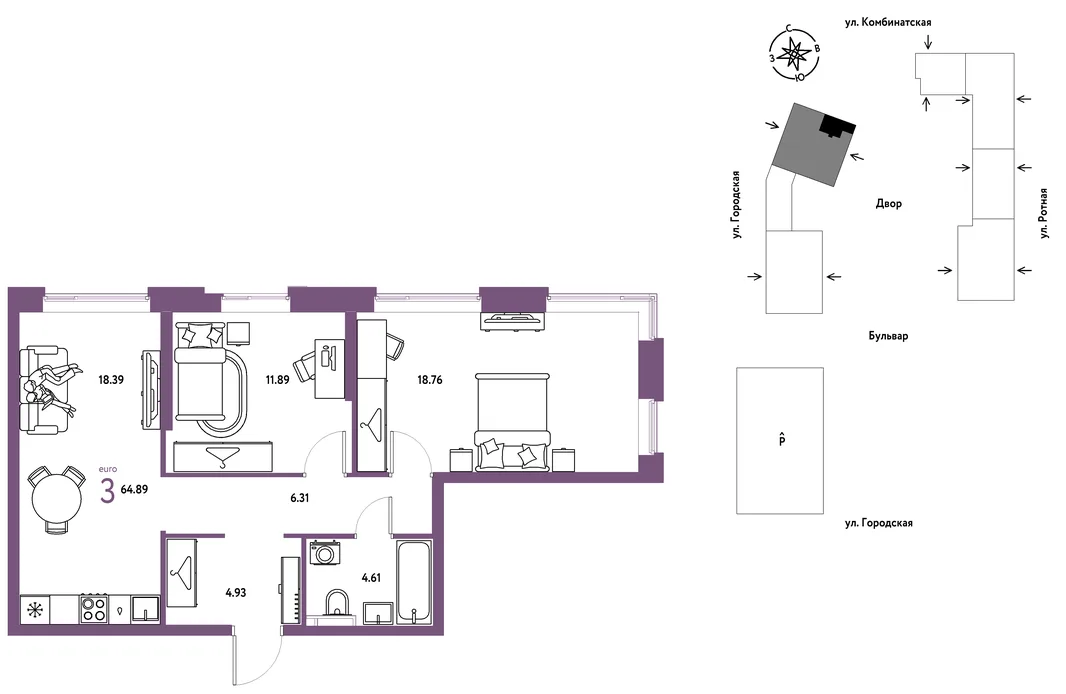 Планировка 3-комн. квартира, 64.89 м² ЖК «Уральский сад»