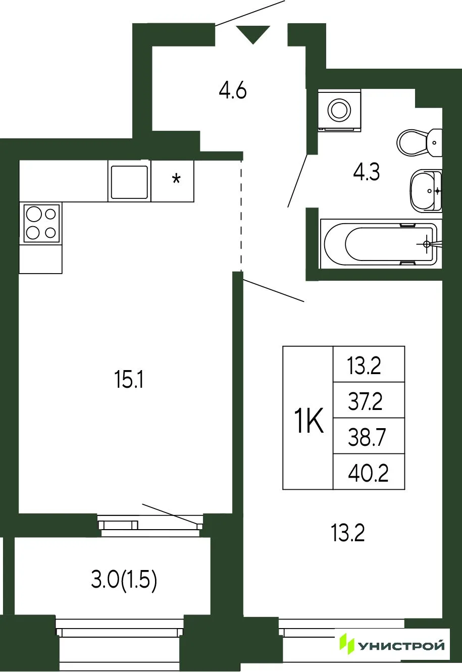 Планировка 1-комн. квартира, 38.7 м² ЖК «Парковый квартал 2.0»