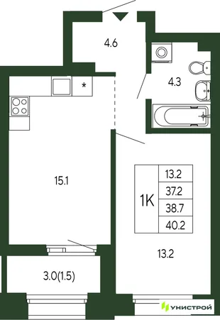 Планировка 1-комн. квартира, 38.7 м² ЖК «Парковый квартал 2.0»