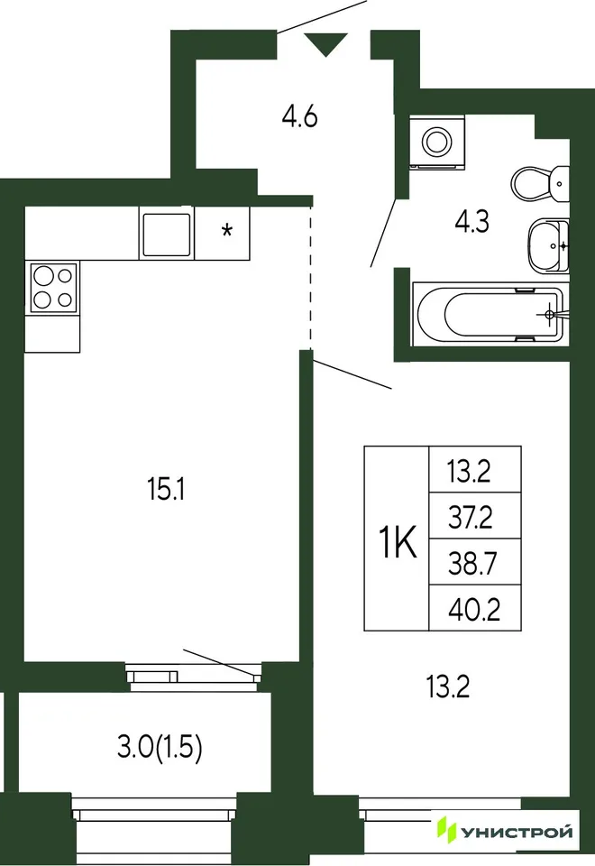 Планировка 1-комн. квартира, 38.7 м² ЖК «Парковый квартал 2.0» Планировка 1-комн. квартира, 38.7 м² ЖК «Парковый квартал 2.0»