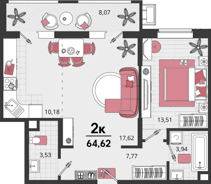 Планировка 2-комн. квартира, 64.62 м² ЖК «Родные просторы»