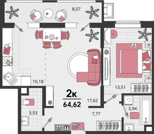 Планировка 2-комн. квартира, 64.62 м² ЖК «Родные просторы»
