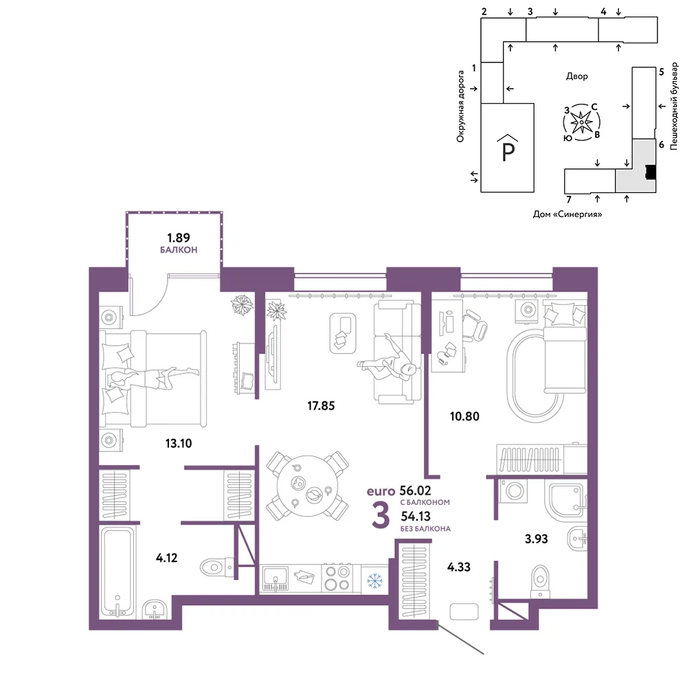 Планировка 3-комн. квартира, 56.02 м² ЖК «Юнион»