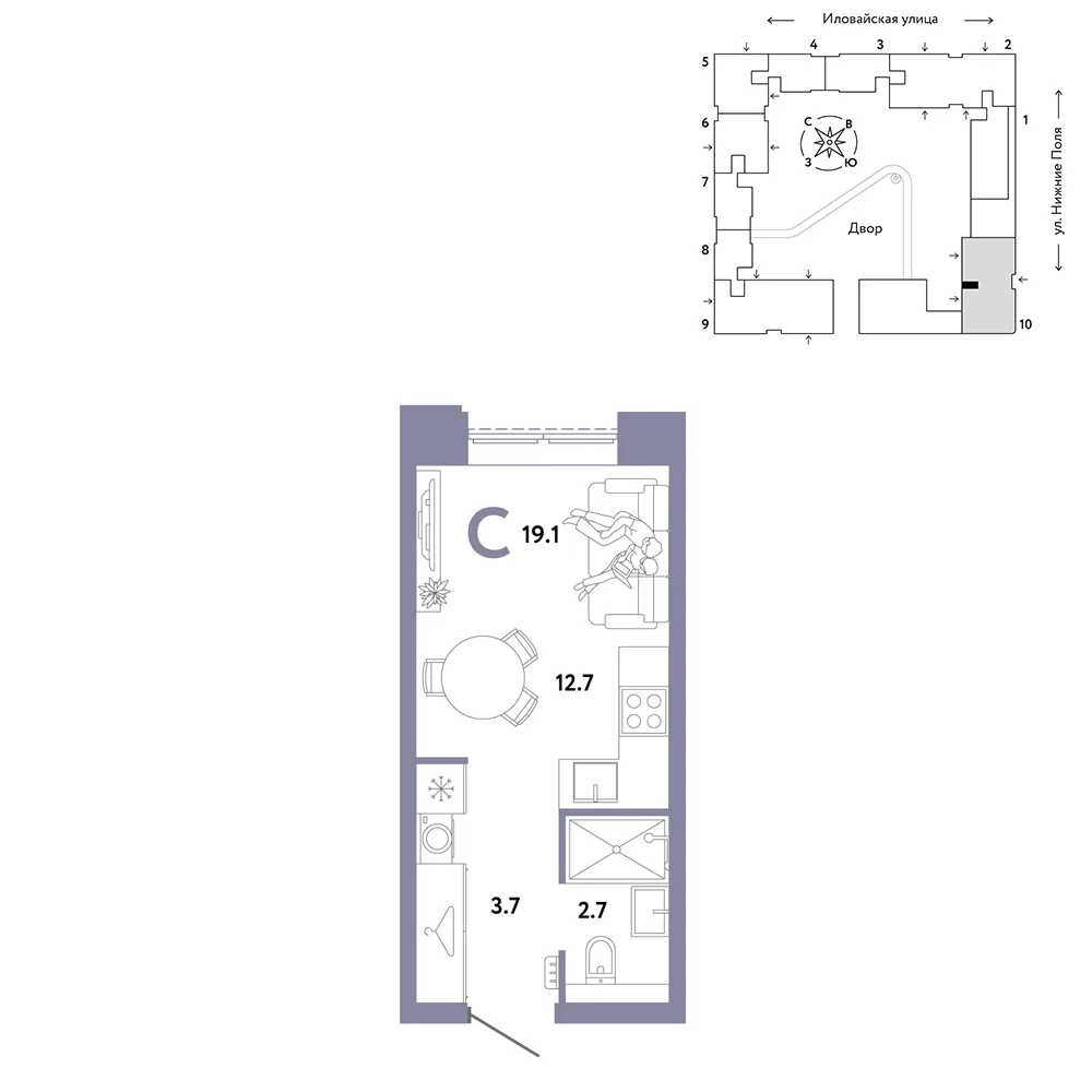 Планировка Студия, 19.1 м² ЖК «Страна.Заречная»