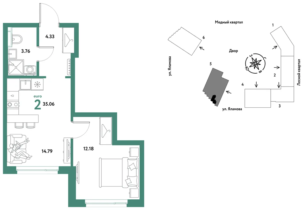 Планировка 2-комн. квартира, 35.06 м² ЖК «Сибирский сад»
