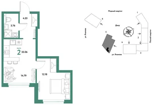 Планировка 2-комн. квартира, 35.06 м² ЖК «Сибирский сад»