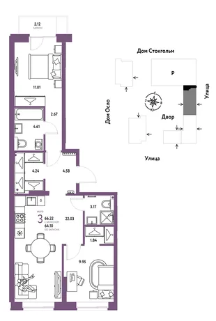 Планировка 3-комн. квартира, 66.22 м² ЖК «Европейский берег 2.0»