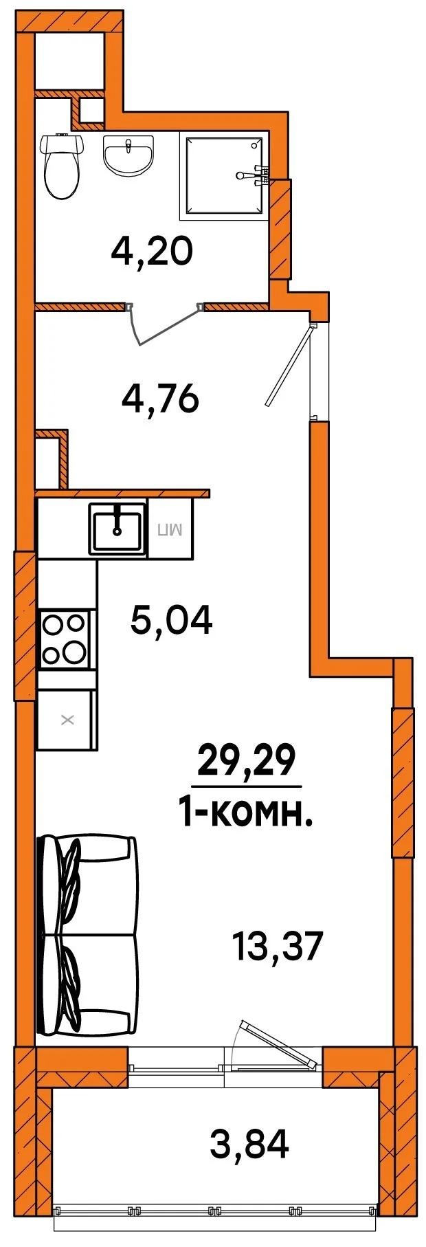 Планировка Студия, 29.29 м² ЖК «Юность» Планировка Студия, 29.29 м² ЖК «Юность»