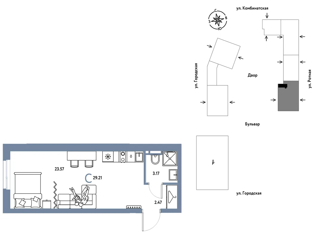 Планировка Студия, 29.21 м² ЖК «Уральский сад»